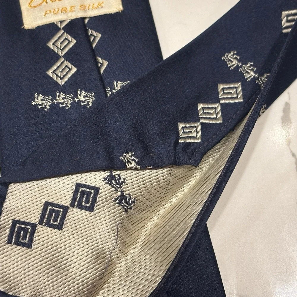 Vintage 70s Damon Pure Silk Tie Navy Blue‎ Geometric Disco Ahlers & Davis Dayton